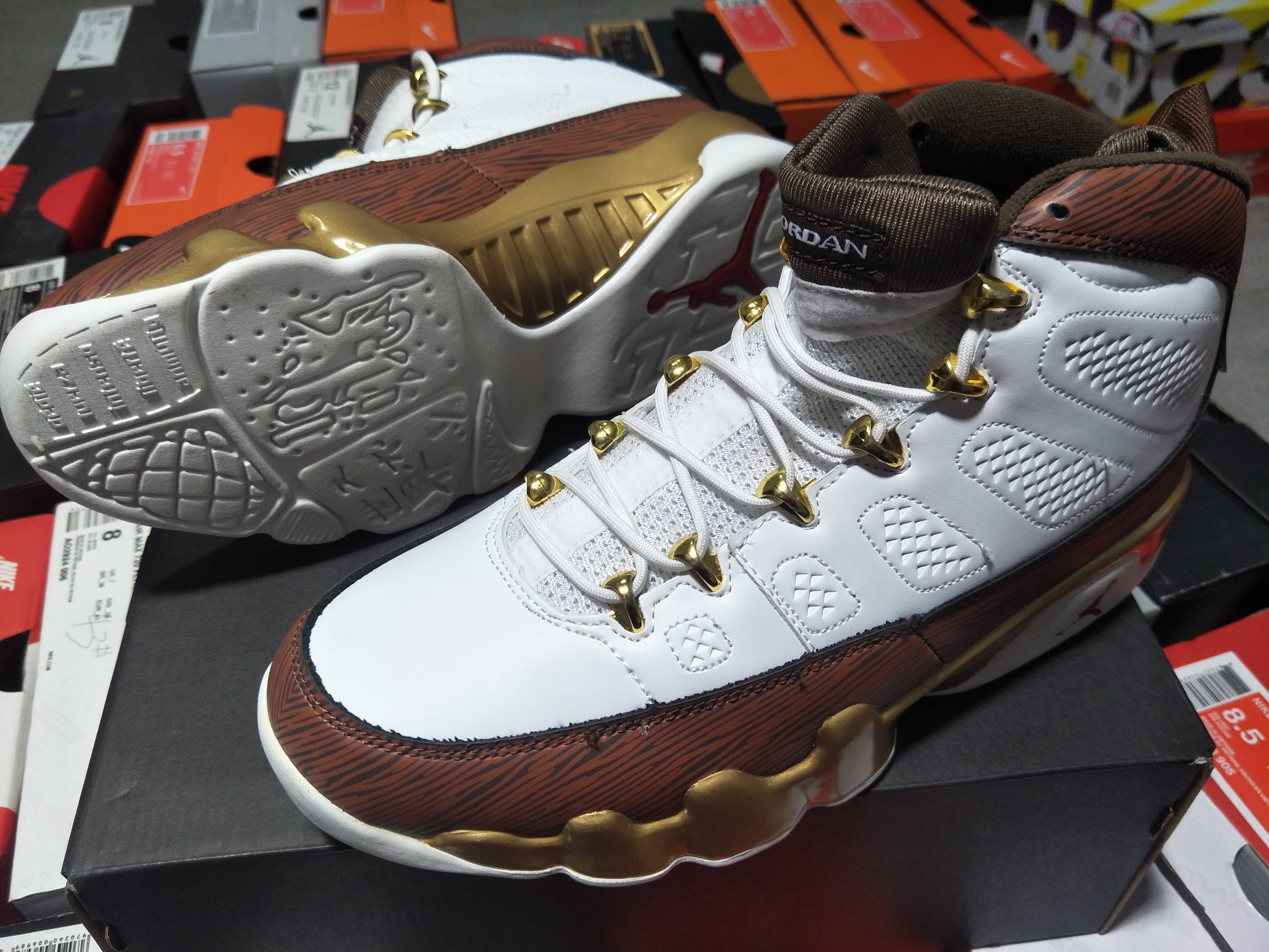 New Air Jordan 9 Retro White Brown Gold Shoes - Click Image to Close